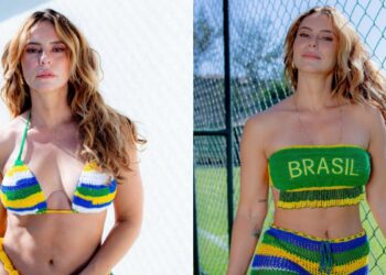 Paolla Oliveira posa de biquíni do Brasil: 'No clima da Copa'