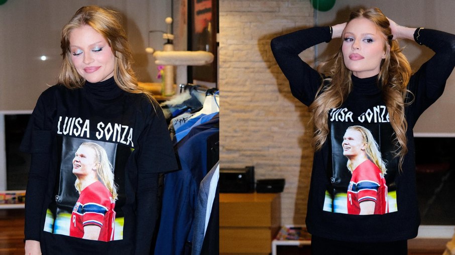 Luísa Sonza entra na brincadeira e usa camisa estampada com foto de Haaland. Luísa Sonza entra na brincadeira e usa camisa estampada com foto de Haaland.